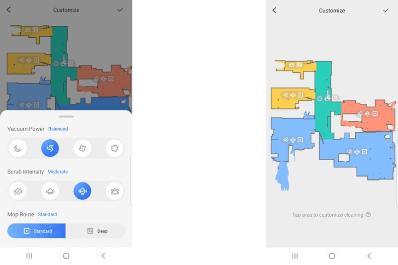 Количество подаваемой воды или мощность всасывания настраивается индивидуально для каждого помещения в Roborock App.